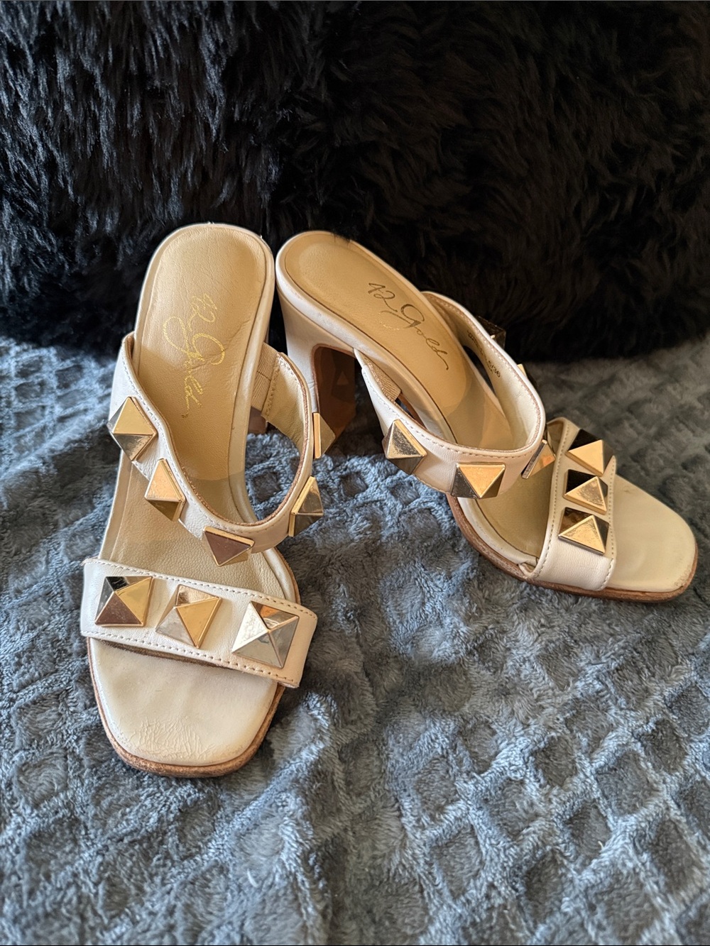 42 GOLD Cream Slide Heels with Gold Pyramid Studs